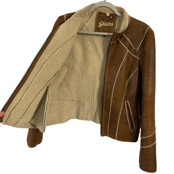 Vintage Guess Shearling Vegan Leather Front Zip Winter Jacket Women’s Size Large - Picture 6 of 10